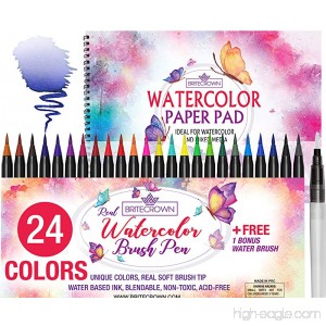 Watercolor Brush Pens Soft Tip Markers Set 24 Colors+ 1 Water Brush Blending Pen + Bonus 15 Sheet Watercolor Paper Pad Sketch Book for Calligraphy Comic Manga Kids Drawing Adult Coloring Painting Kit - B07BHKZLN2