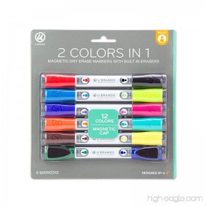 U Brands Low Odor Magnetic Double Ended Dry Erase Markers With Erasers Bullet Tip Assorted Colors 6-Count - B01LY9H349