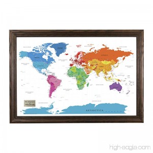 Push Pin Travel Maps Personalized Colorful World with Solid Wood Brown Frame and Pins 24 x 36 - B0744QHQH2