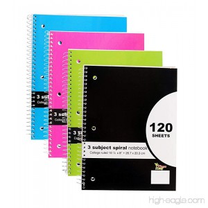 4-Pack 10½ x 8 3 Subject Spiral Notebook College Ruled 120 Sheets per - B075MPM5CS