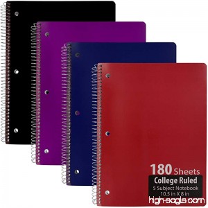 Emraw 5 Subject Notebook Spiral with 180 Sheets of College Ruled White Paper - Set Includes: Red Black Purple & Blue Covers (Random 3 Pack) - B079Y7LQ9G