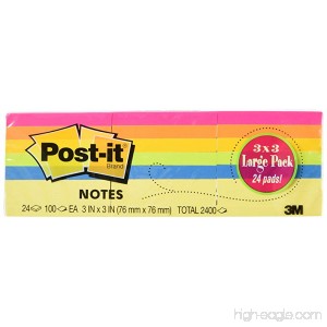 Post-itÂ® Notes Original Pad 3 Inches x 3 Inches Assorted Neon Colors Value Pack 24 Pads per Pack (Total 2400) - B003I3TQ24