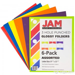 JAM Paper Laminated Two Pocket Glossy 3 Hole Punch Folders - Assorted Primary Colors - 6/pack - B00W2HXTD4