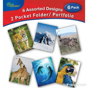 New Generation - Wild Life - 2 Pocket Folders / Portfolio 6 PACK Letter Size with 3 Hole Punch to use with your Binder Heavy Duty Glossy Finish UV Laminated Folder - Assorted 6 Fashion Design (6 PACK) - B01HF6VJFG
